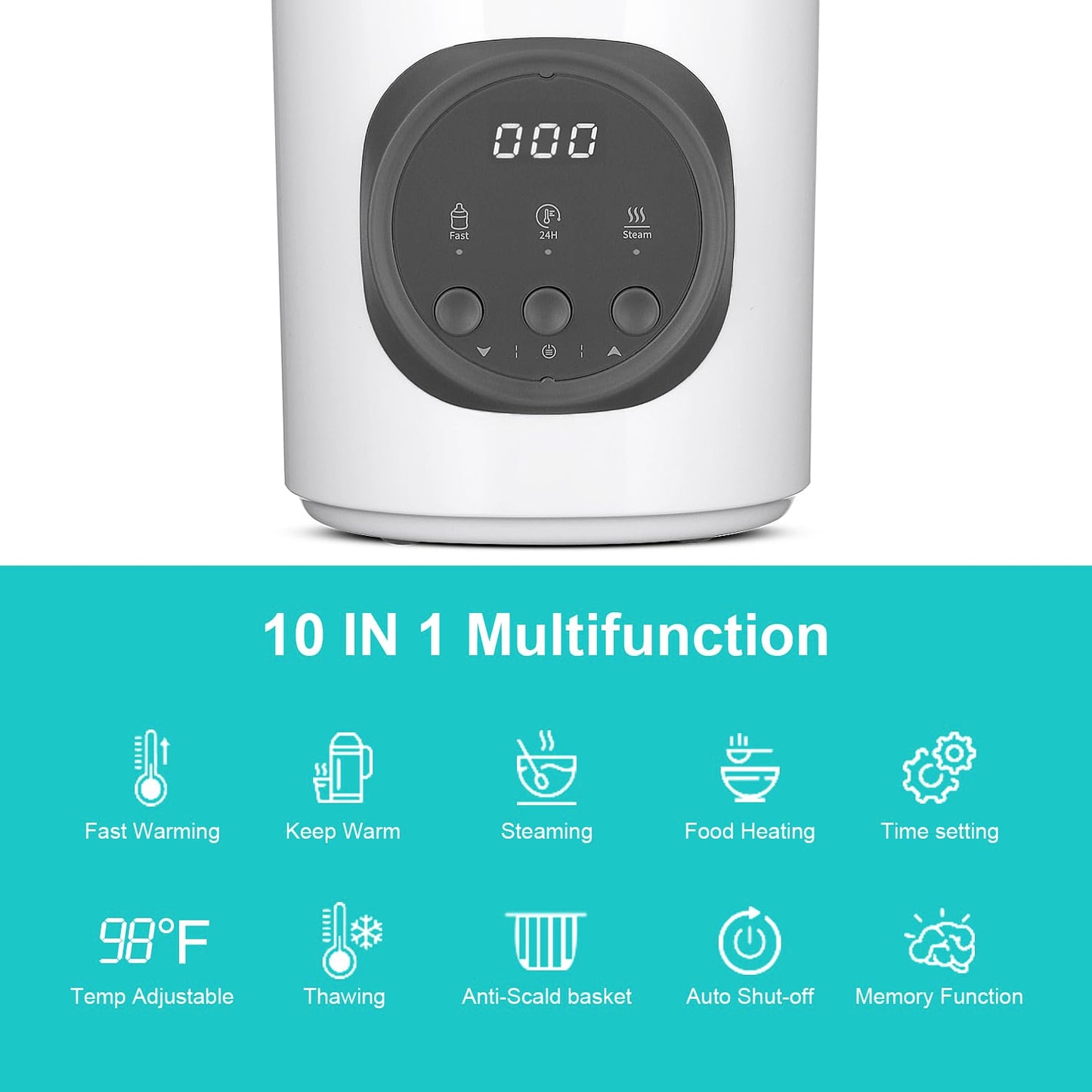 Vaundra bottle warmer showing breastmilk and formula warming settings