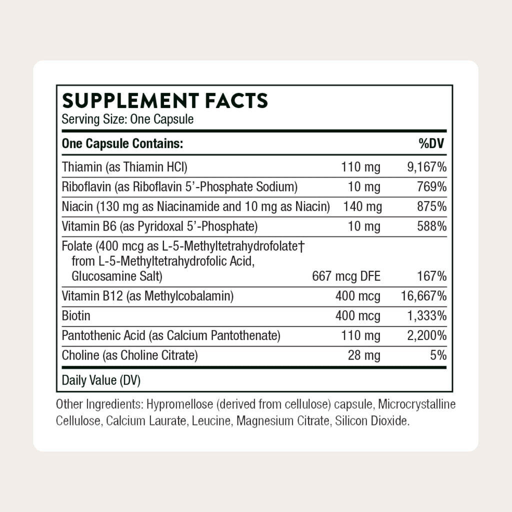 Side angle of Thorne Basic B Complex dietary supplement highlighting the active tissue ready ingredient listing.