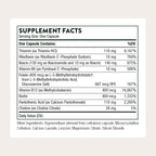Side angle of Thorne Basic B Complex dietary supplement highlighting the active tissue ready ingredient listing.