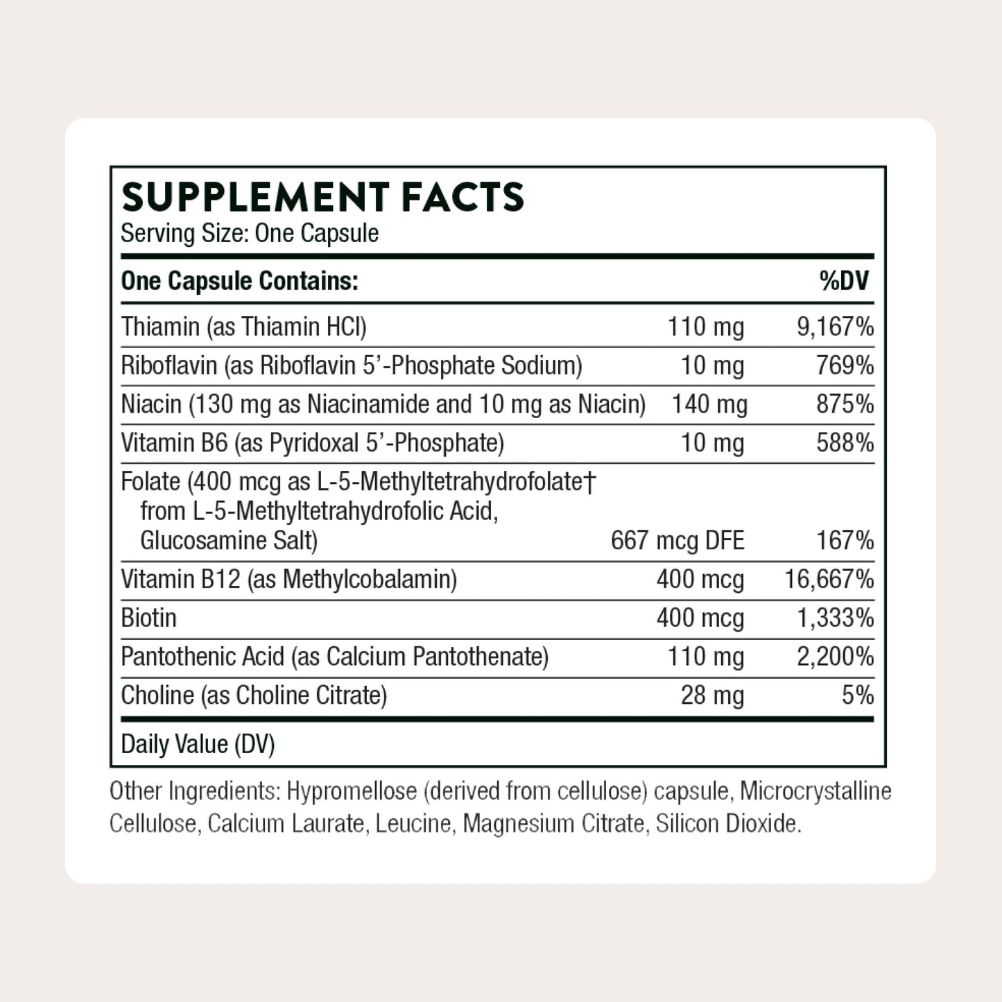 Side angle of Thorne Basic B Complex dietary supplement highlighting the active tissue ready ingredient listing.