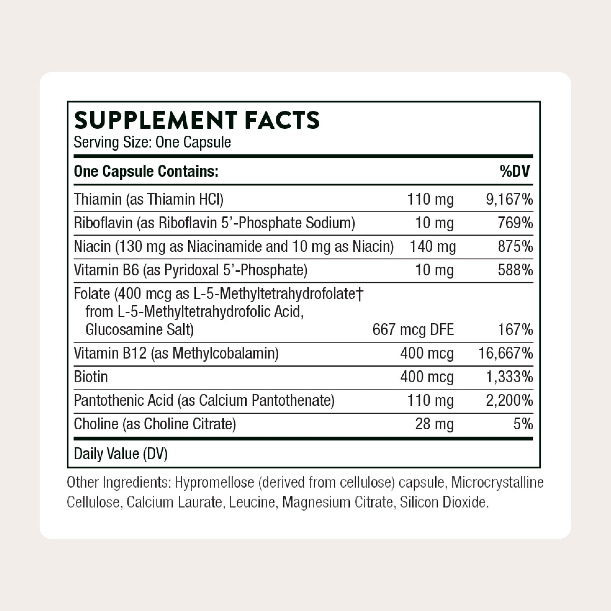 Side angle of Thorne Basic B Complex dietary supplement highlighting the active tissue ready ingredient listing.