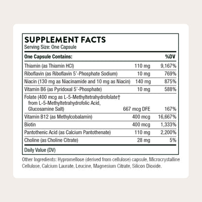 Side angle of Thorne Basic B Complex dietary supplement highlighting the active tissue ready ingredient listing.
