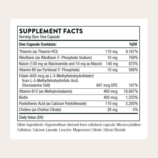 Side angle of Thorne Basic B Complex dietary supplement highlighting the active tissue ready ingredient listing.