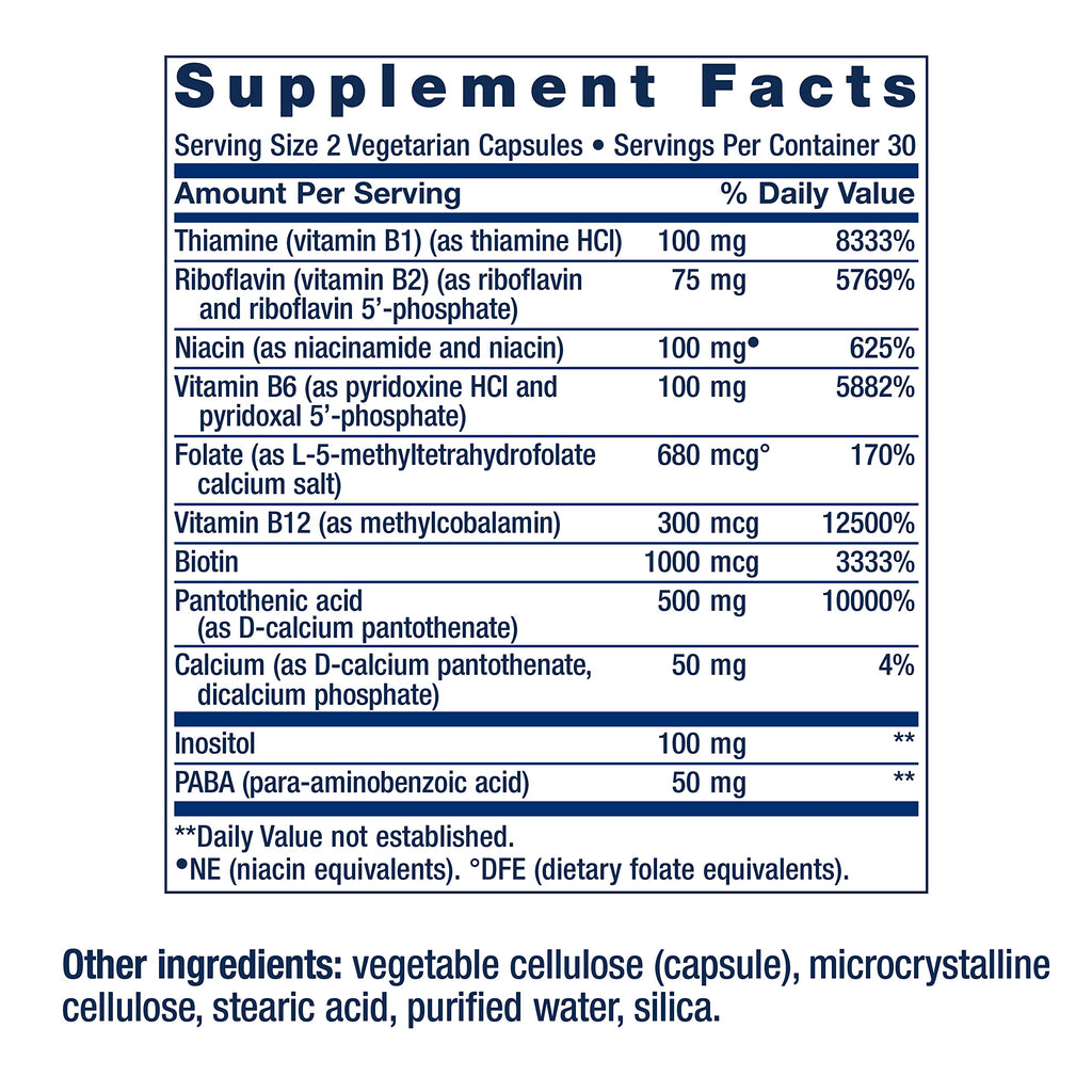 Side view of Life Extension B Complex supplement bottle detailing non-GMO and gluten-free certifications