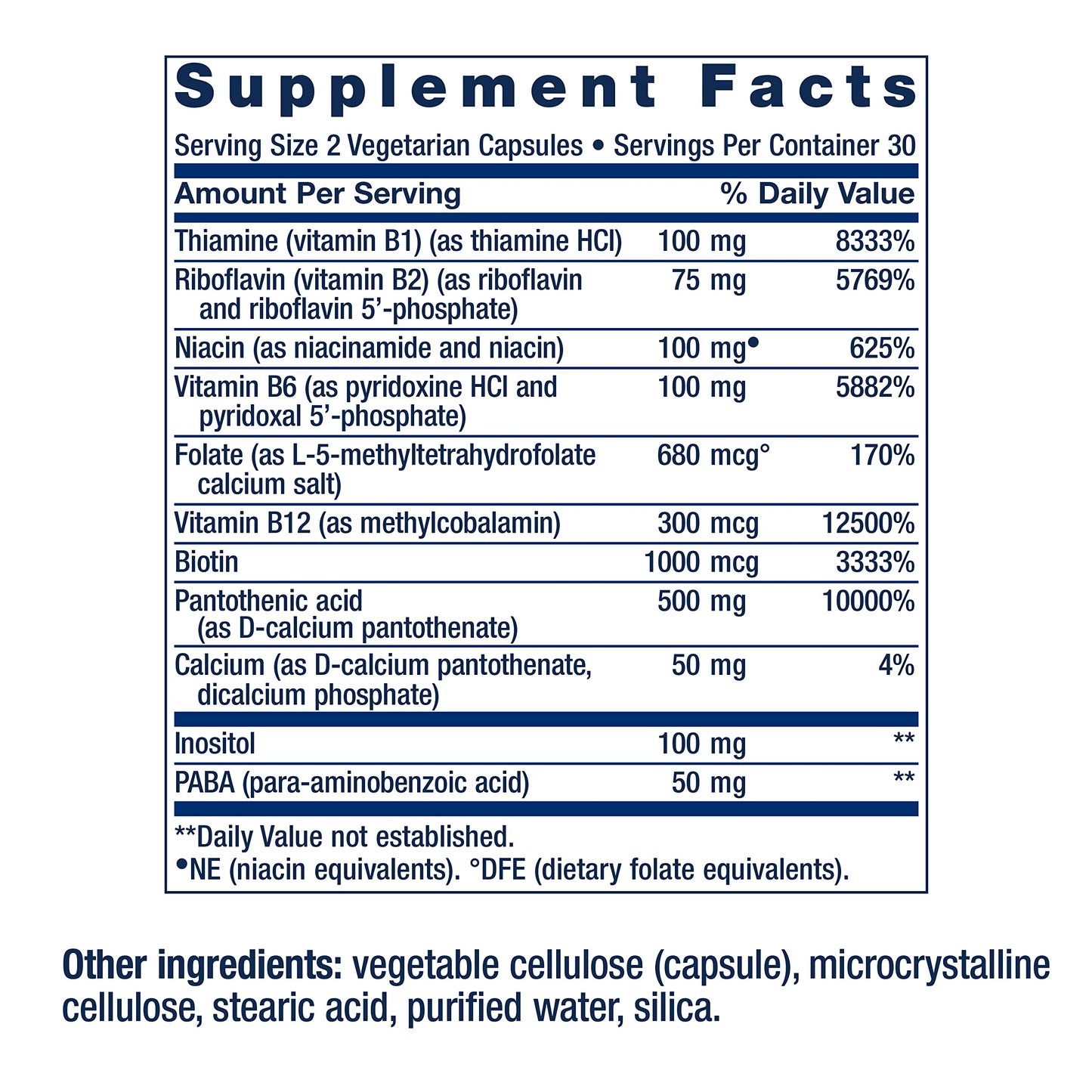 Side view of Life Extension B Complex supplement bottle detailing non-GMO and gluten-free certifications