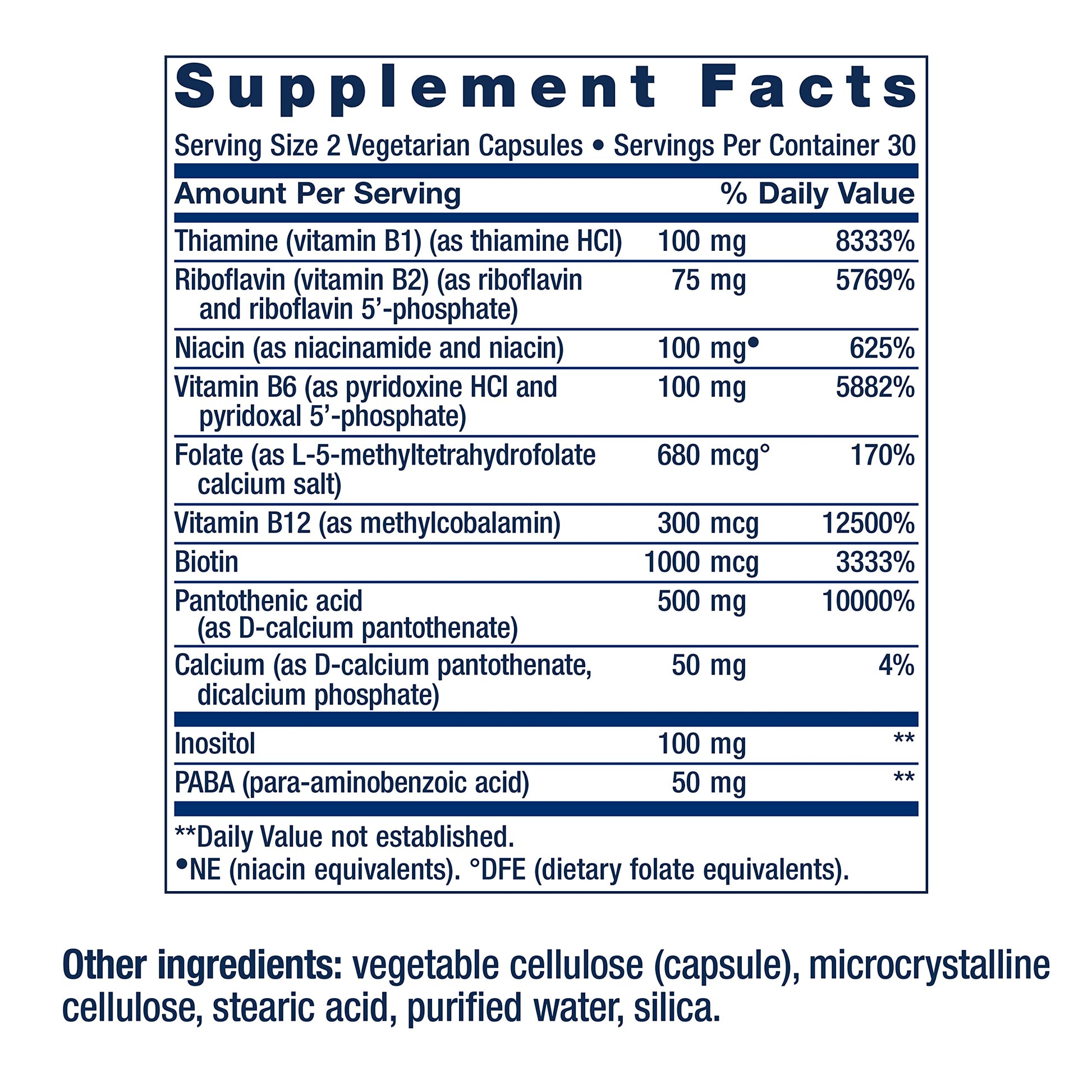 Side view of Life Extension B Complex supplement bottle detailing non-GMO and gluten-free certifications