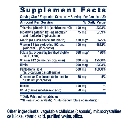 Side view of Life Extension B Complex supplement bottle detailing non-GMO and gluten-free certifications