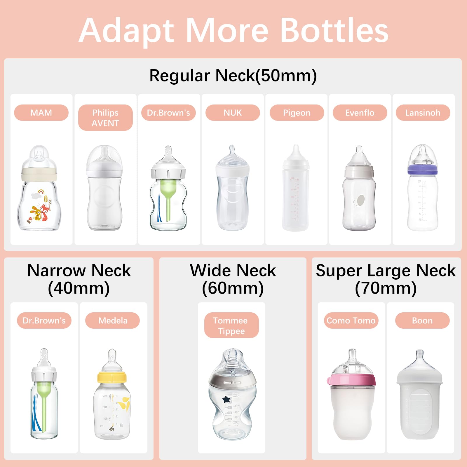 Tohecu baby bottle warmer showing 8 different bottle adapters