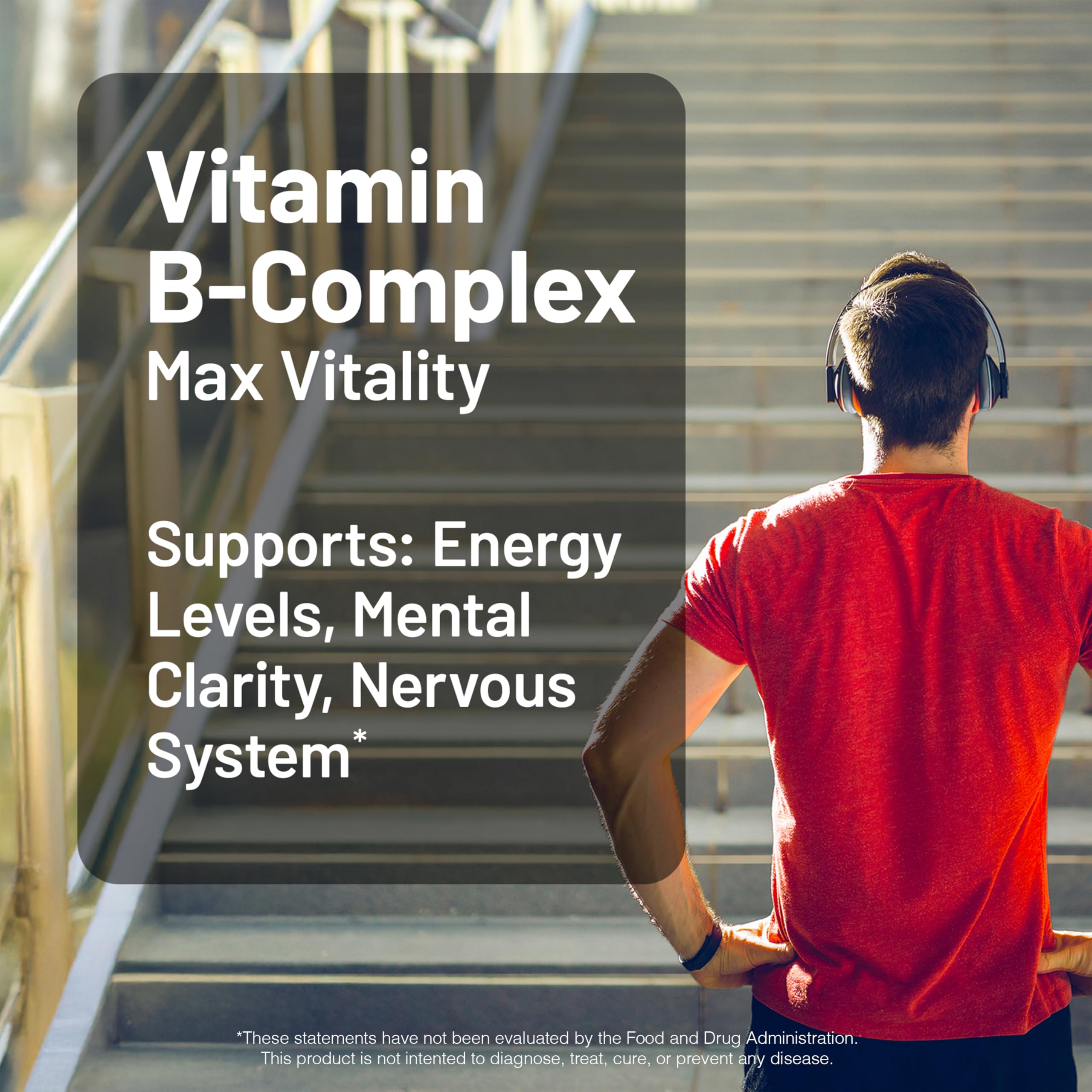 NatureWise Vitamin B Complex supplement facts label showcasing B1, B2, B3, B6, and B12 levels.