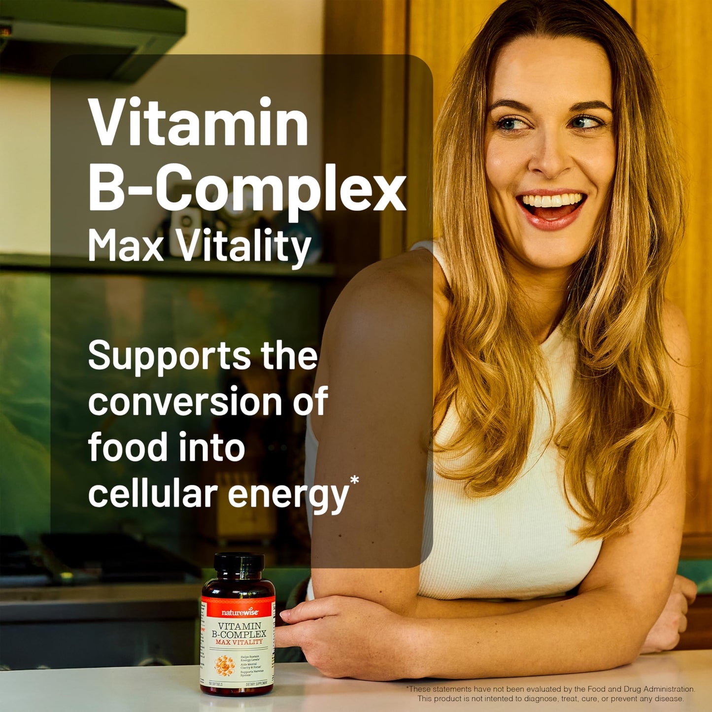 NatureWise Vitamin B Complex softgels showing daily serving size information.