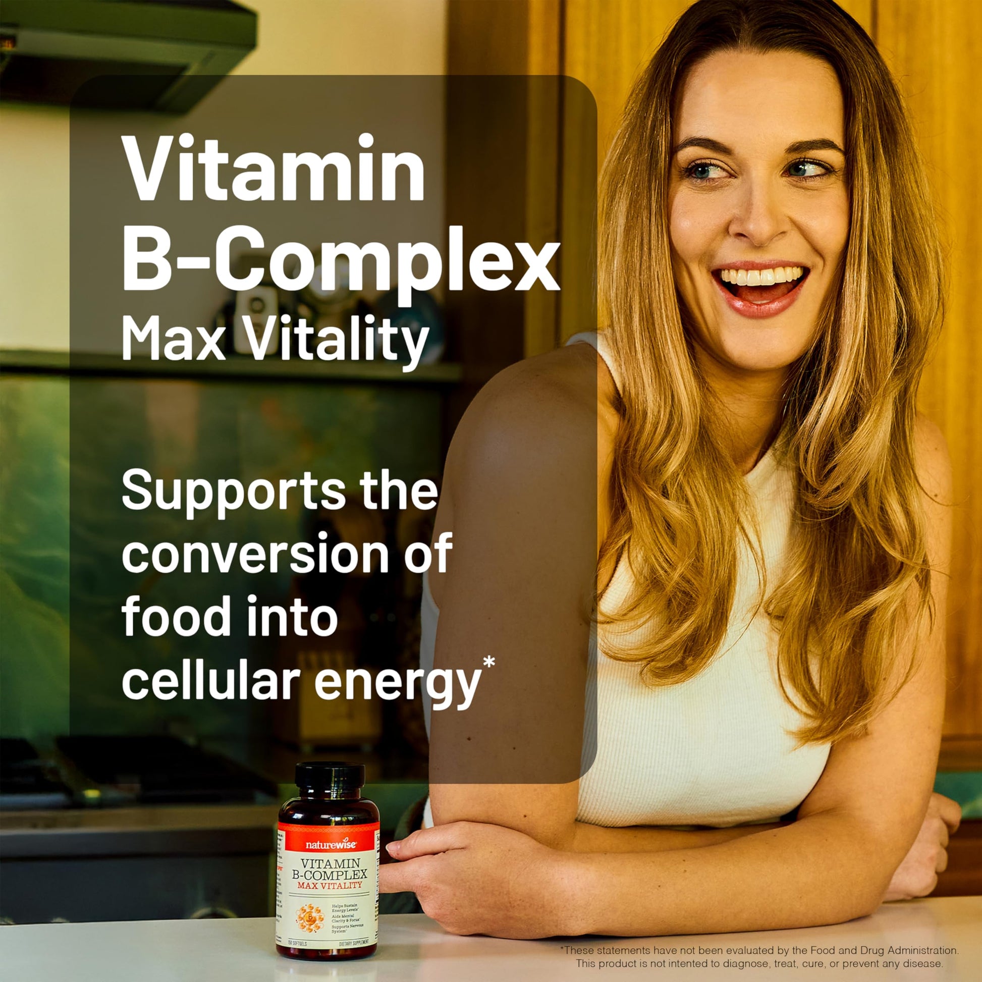 NatureWise Vitamin B Complex softgels showing daily serving size information.