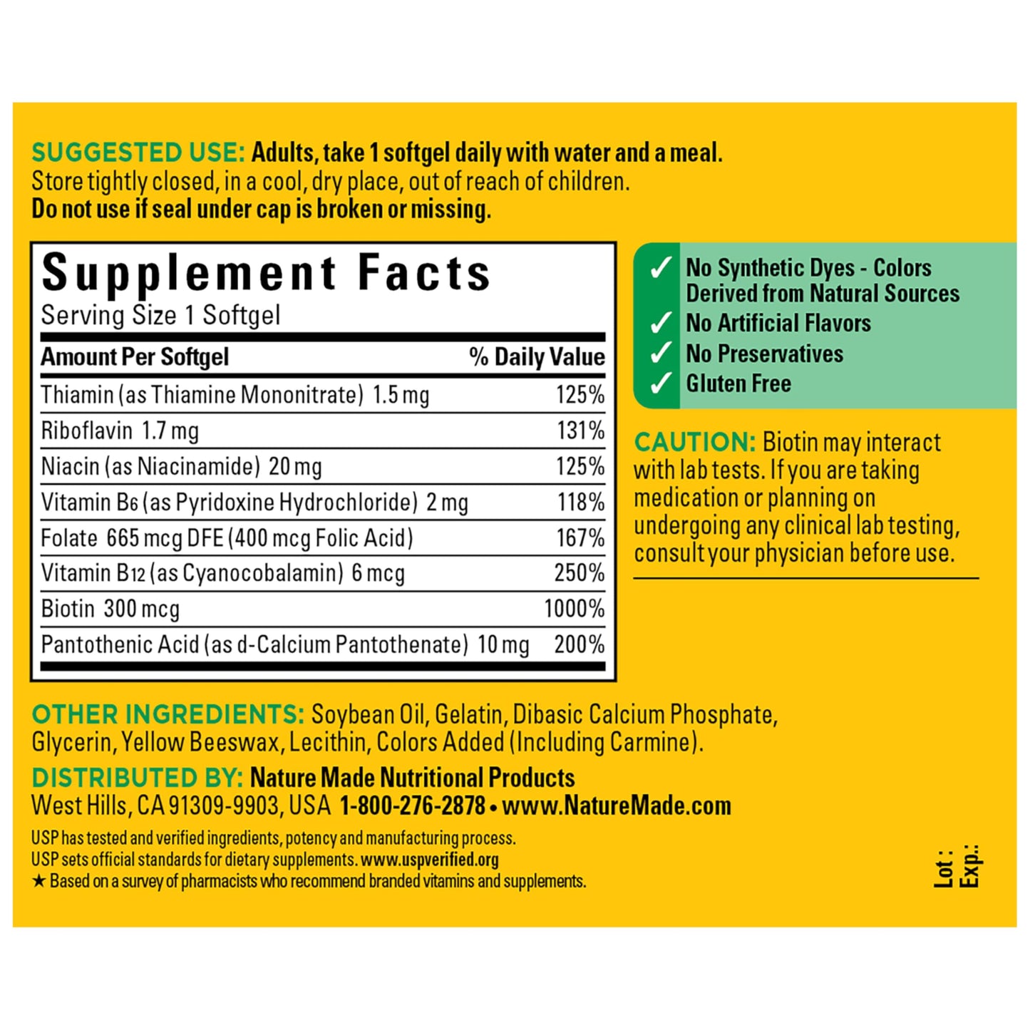 Nature Made dietary supplement bottle showing back label instructions and ingredients