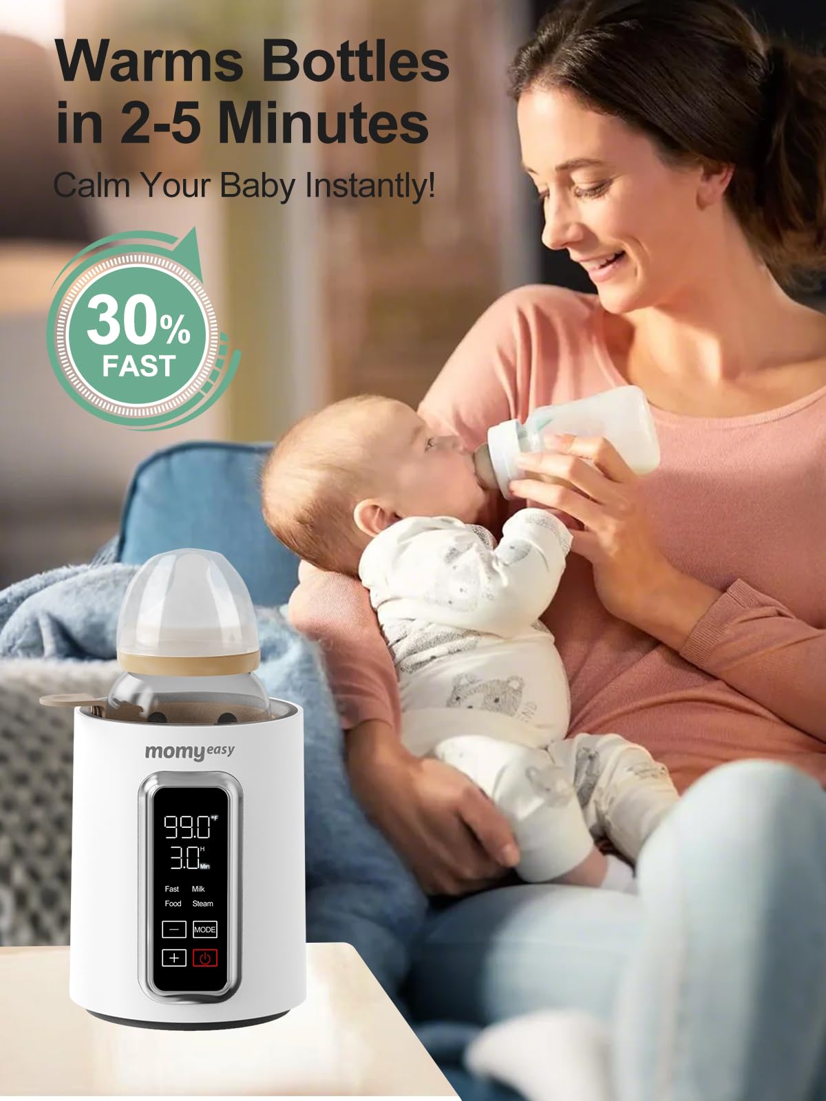 Momyeasy bottle warmer heating a baby bottle with steam technology.