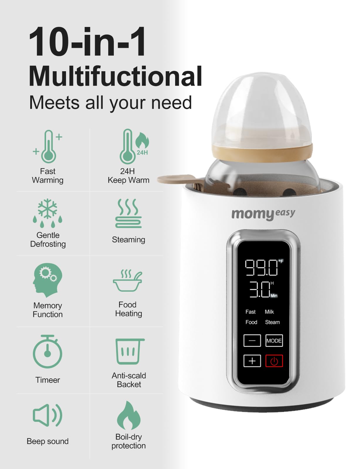 Packaging and contents of Momyeasy fast baby bottle warmer.