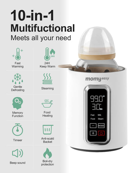 Packaging and contents of Momyeasy fast baby bottle warmer.