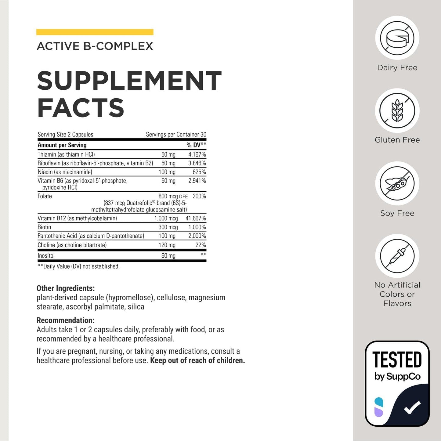 Side angle of Integrative Therapeutics Active B Complex bottle showcasing allergen free and hypoallergenic information