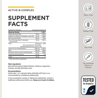 Side angle of Integrative Therapeutics Active B Complex bottle showcasing allergen free and hypoallergenic information