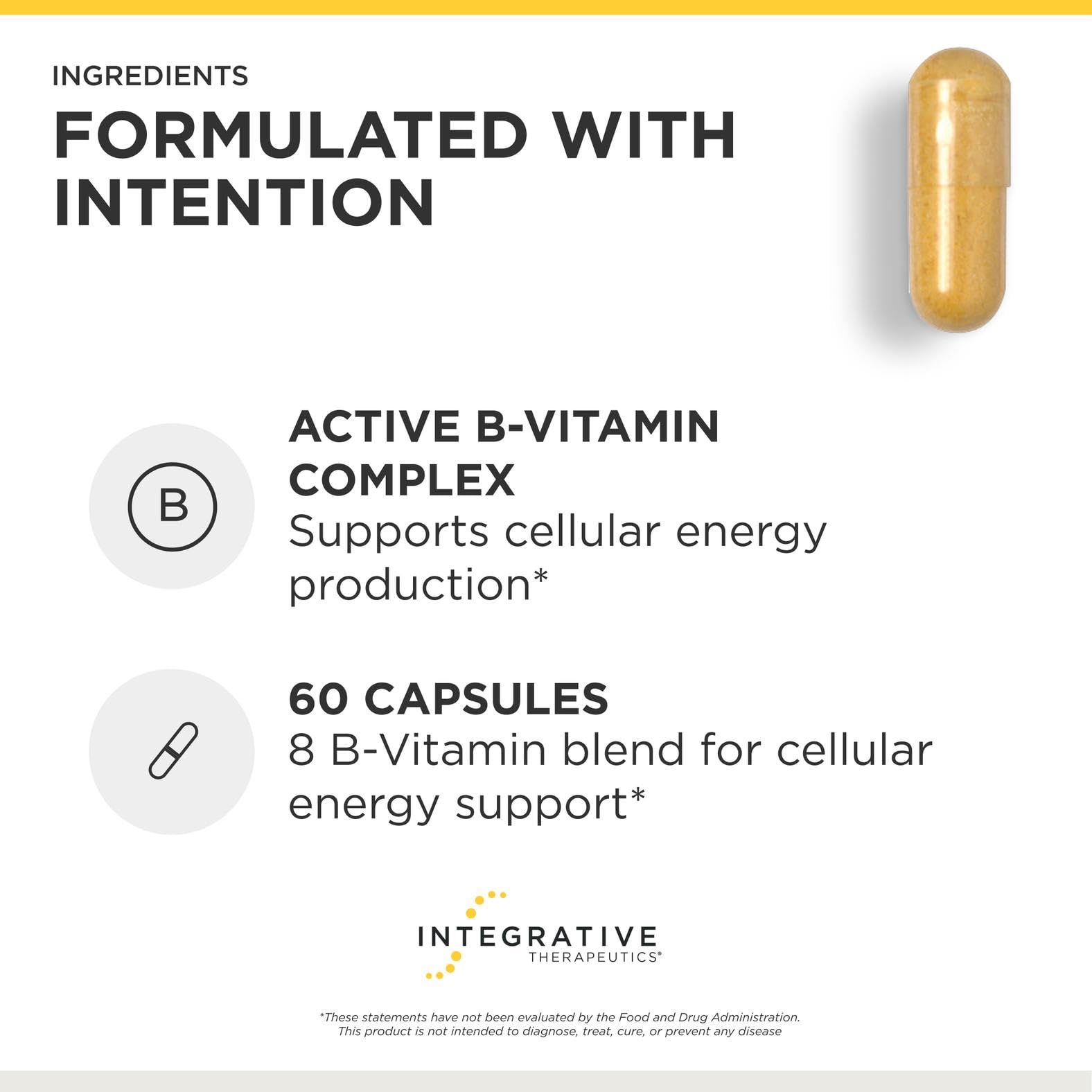 Close up view of the hypoallergenic vegetarian capsules of Integrative Therapeutics Active B Complex