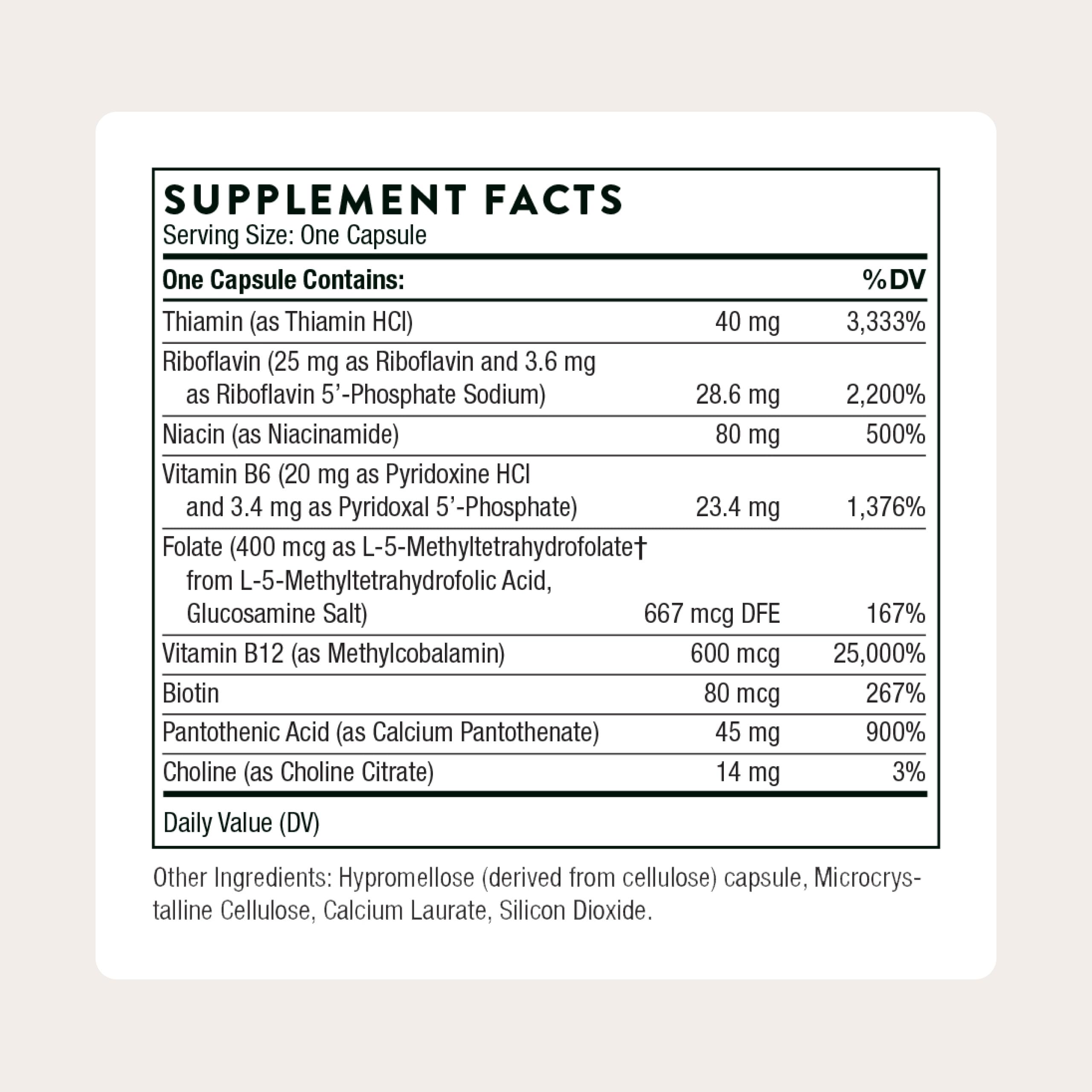 Thorne active B vitamin supplement nutritional facts panel with ingredient details