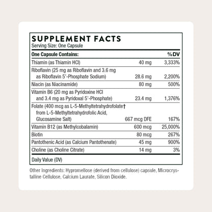 Thorne active B vitamin supplement nutritional facts panel with ingredient details
