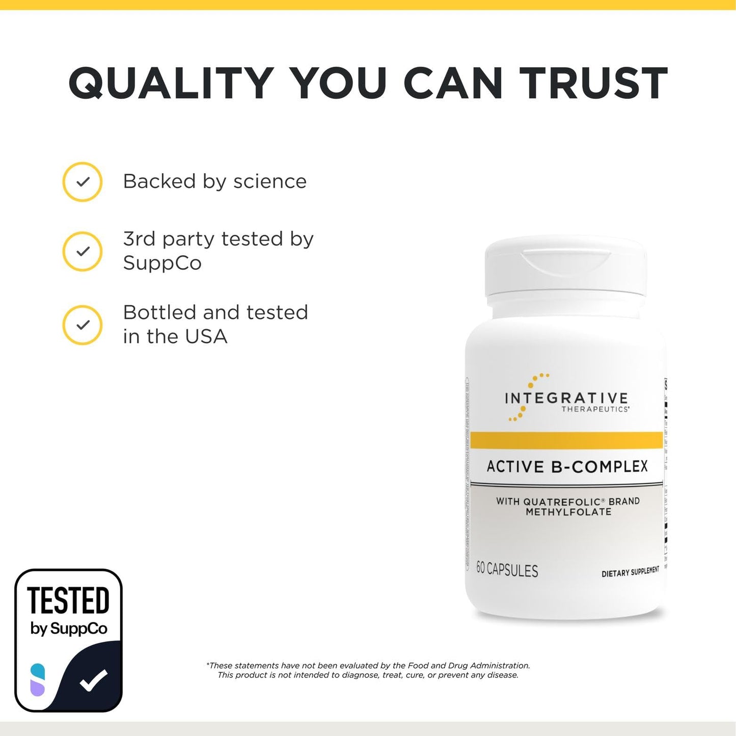 Back label of Integrative Therapeutics Active B Complex showing recommended adult dosage instructions and storage guidelines