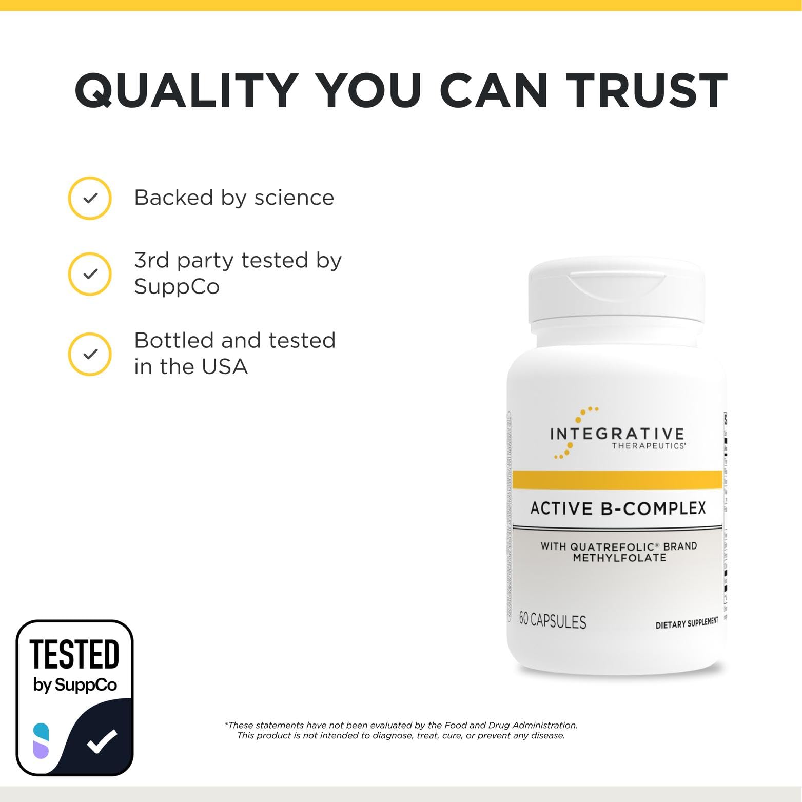 Back label of Integrative Therapeutics Active B Complex showing recommended adult dosage instructions and storage guidelines