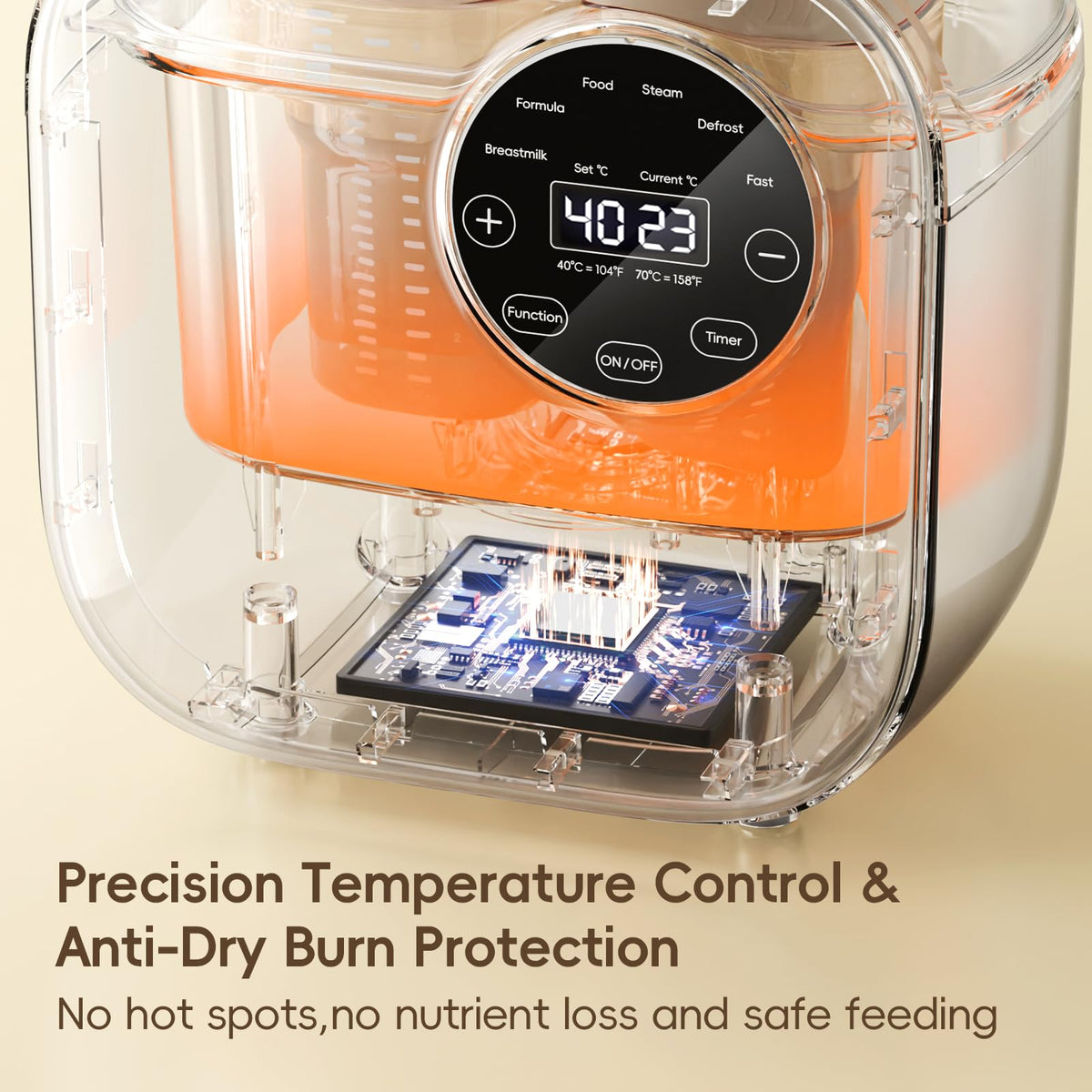 Side profile of Felizbebe bottle warmer showing detachable base design