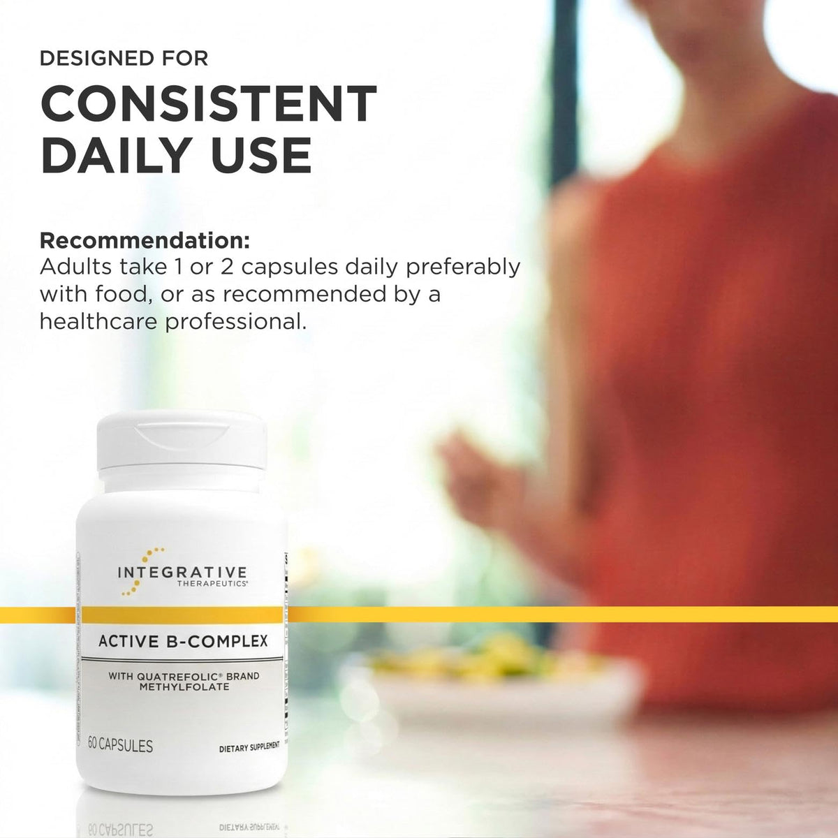 Authentic USA imported Integrative Therapeutics B complex dietary supplement bottle sitting on a clean surface