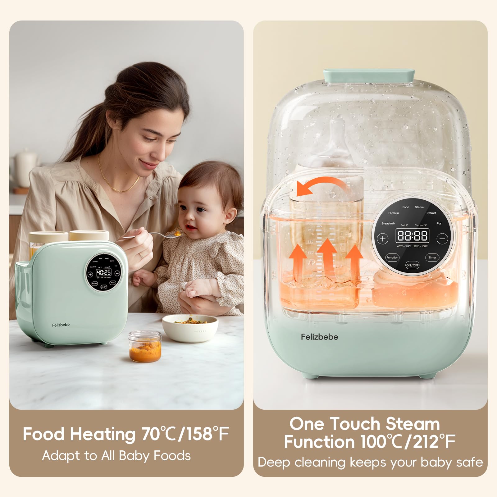 Top view of Felizbebe milk warmer with night light feature active