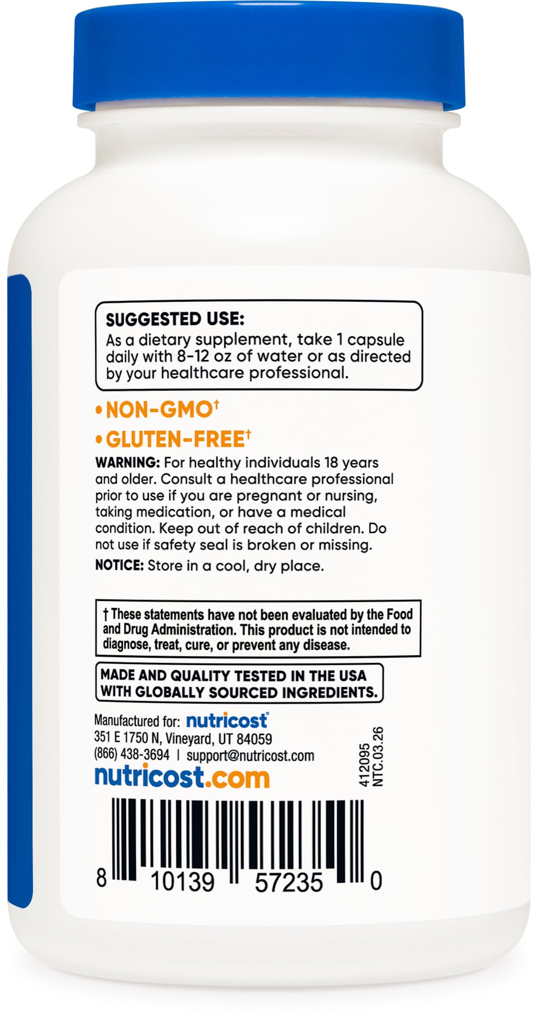 Authentic Nutricost imported dietary supplement container side view