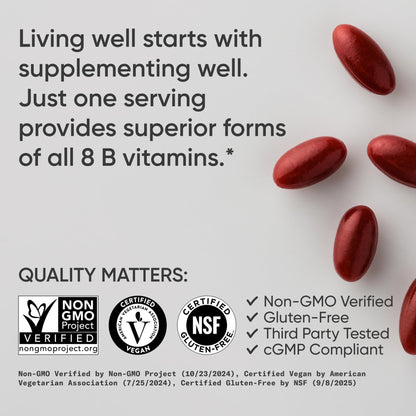 Authentic plant based non GMO certified vegan vitamin B complex imported supplement packaging.