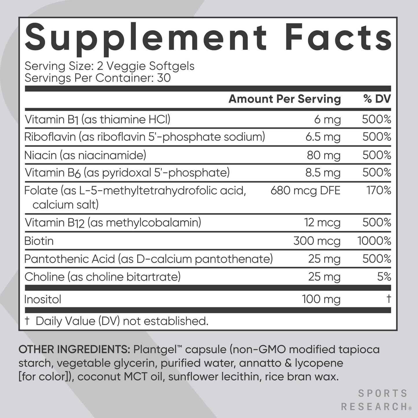 Sports Research vitamin B complex ingredients label featuring coconut MCT oil infusion.