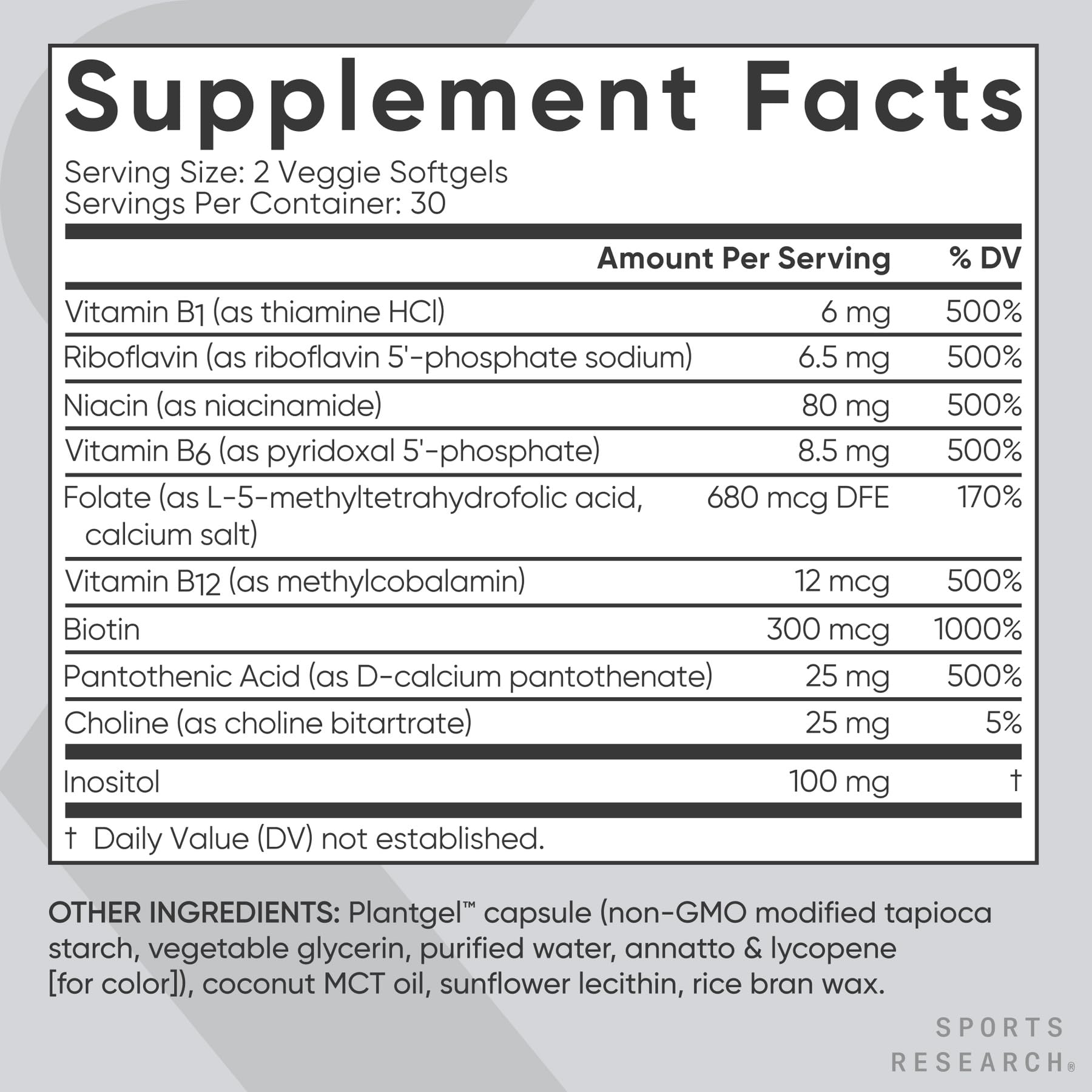 Sports Research vitamin B complex ingredients label featuring coconut MCT oil infusion.