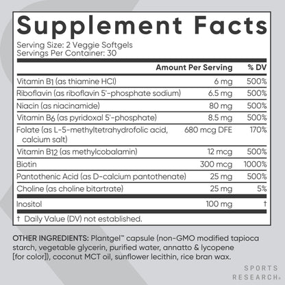 Sports Research vitamin B complex ingredients label featuring coconut MCT oil infusion.