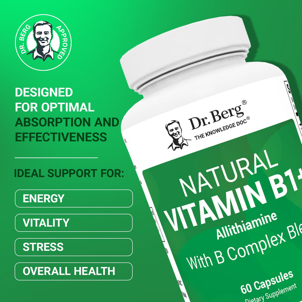 Dr. Berg Natural Vitamin B1 Plus supplement bottle showing facts label and essential B blend nutritional values