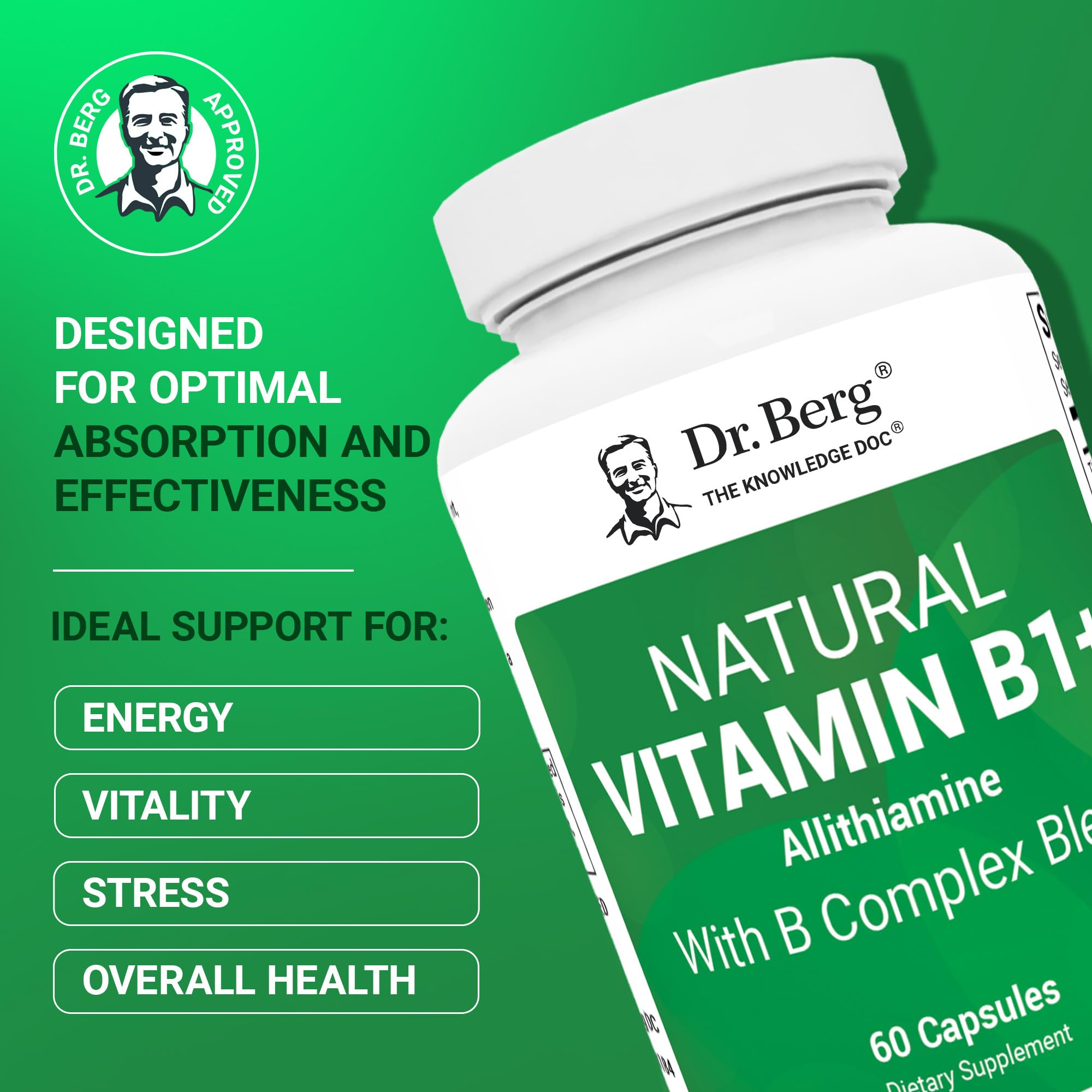 Dr. Berg Natural Vitamin B1 Plus supplement bottle showing facts label and essential B blend nutritional values