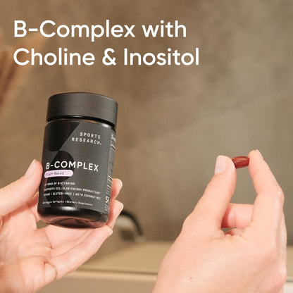 Vegan friendly gluten free full spectrum essential eight B vitamins softgels for daily wellness.