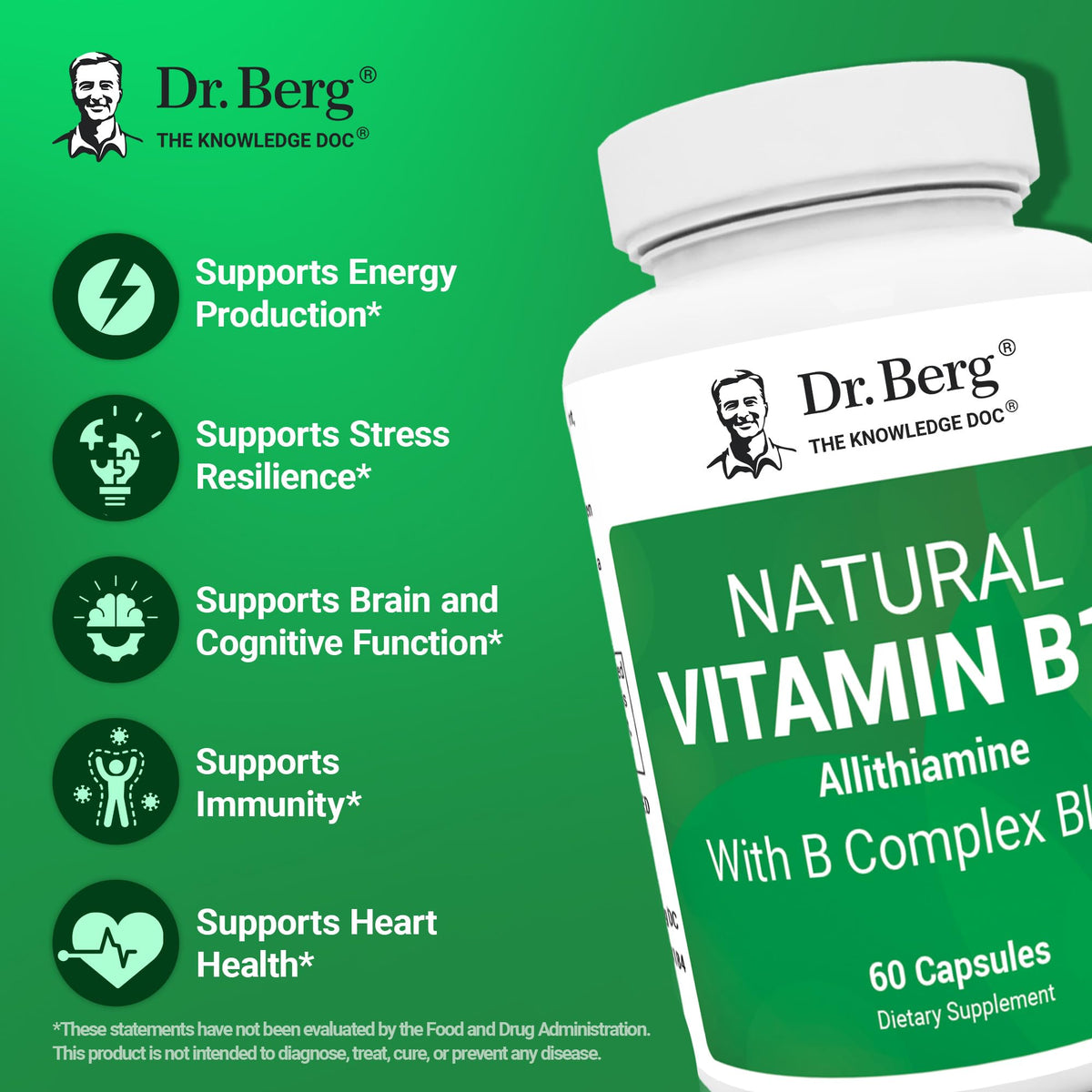 Side profile of Dr. Berg Allithiamine dietary supplement highlighting 60 vegetable capsules for daily nervous system support