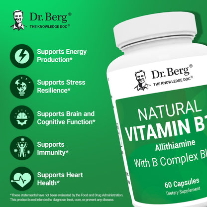 Side profile of Dr. Berg Allithiamine dietary supplement highlighting 60 vegetable capsules for daily nervous system support