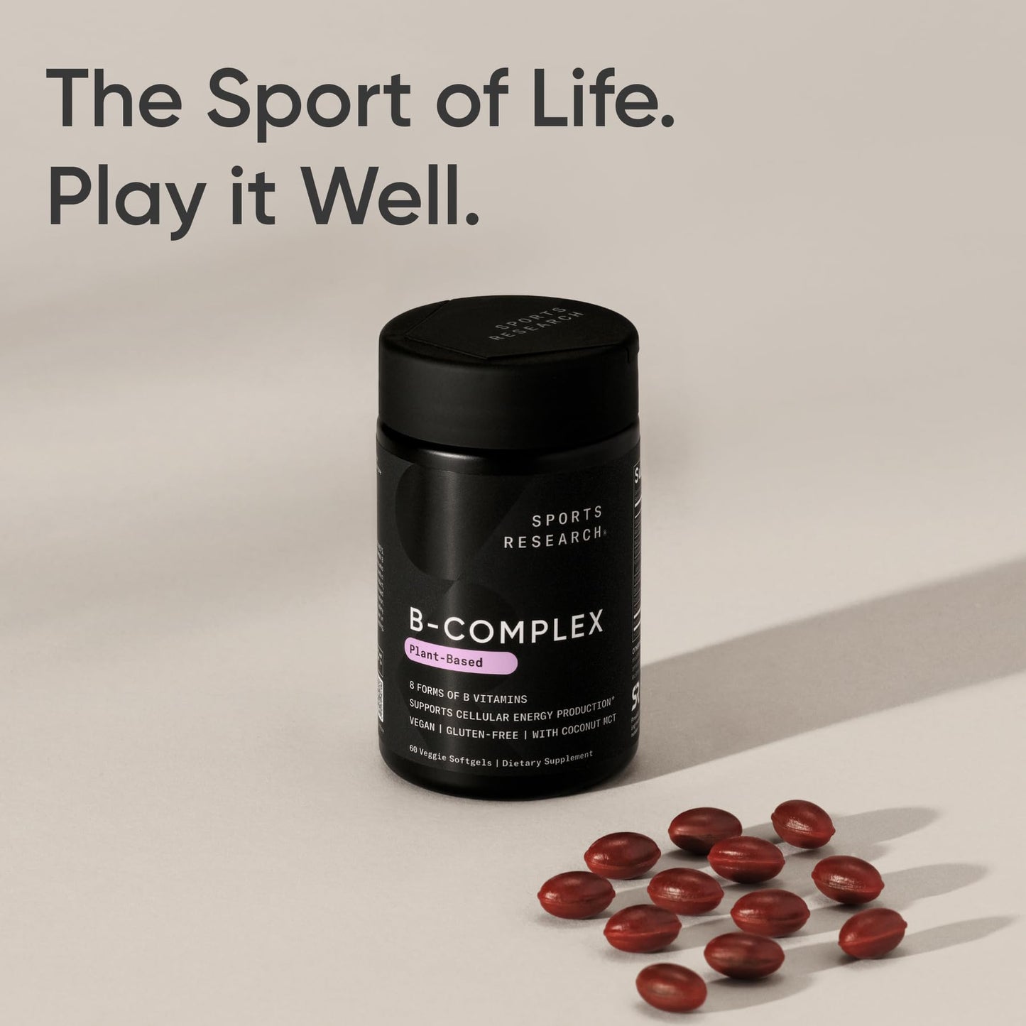Sports Research premium bioavailable methylated folate b complex bottle clear display.