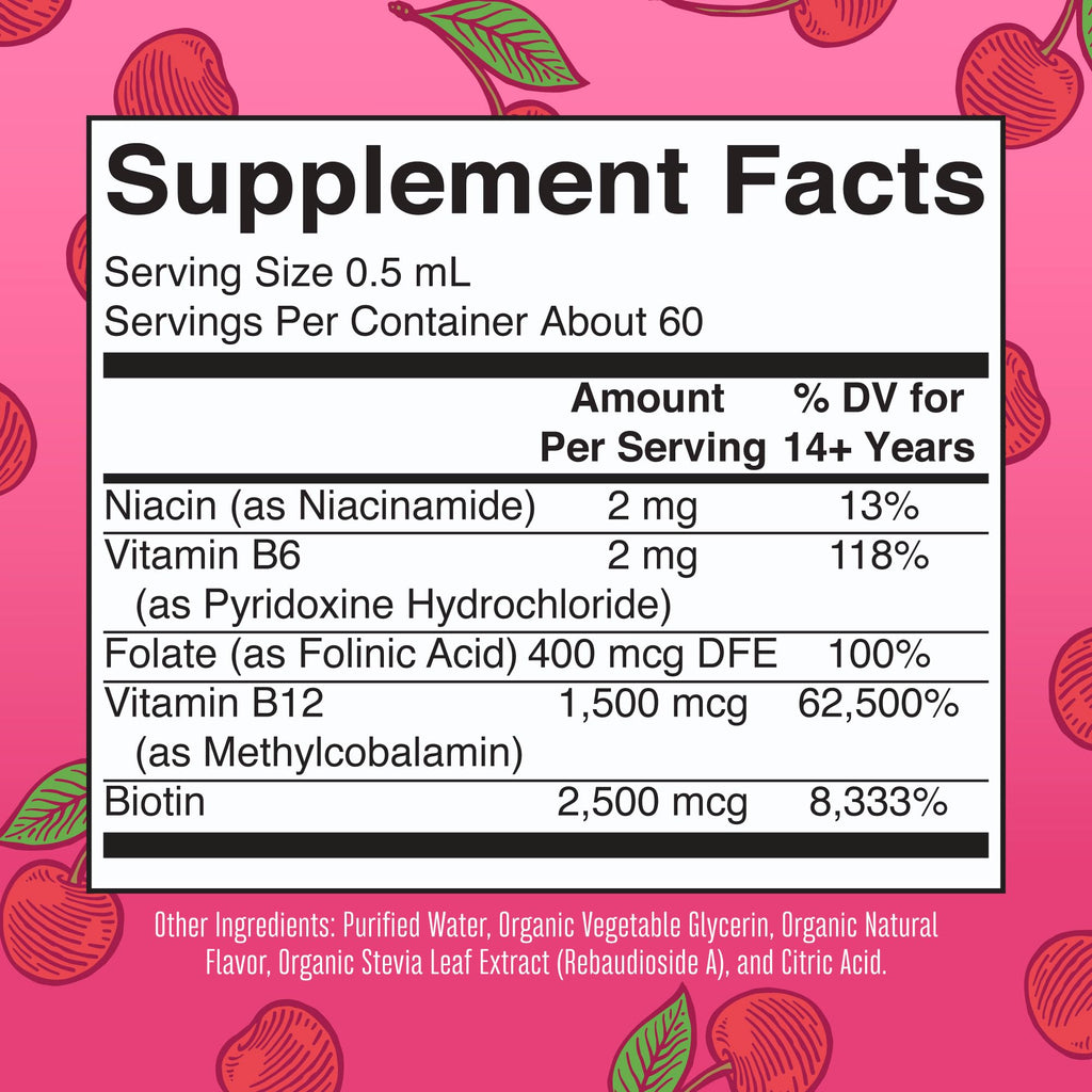 MaryRuth Organics vegan B complex cherry flavor liquid supplement bottle label details