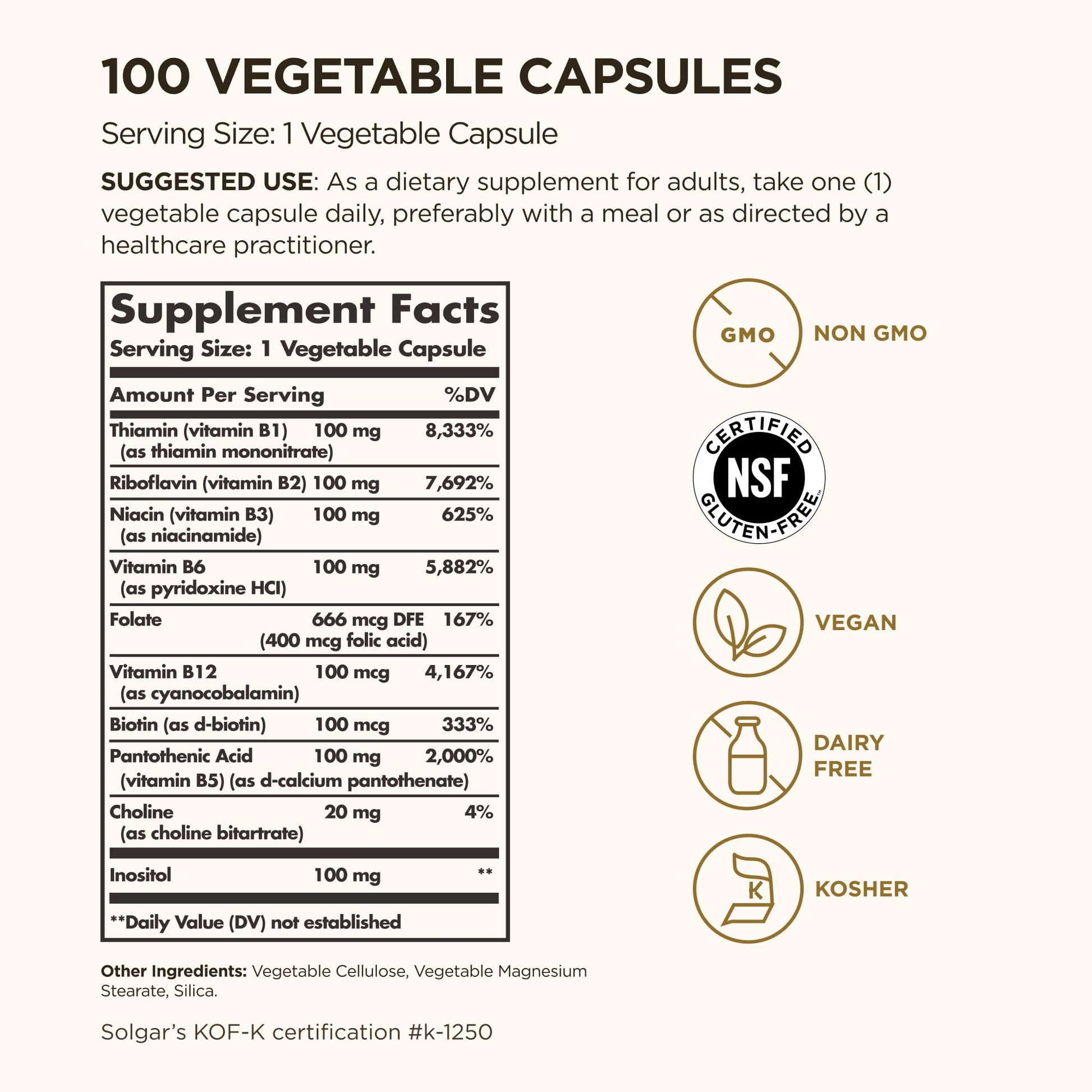 Solgar high potency Vitamin B Complex 100 supplement nutritional facts label.