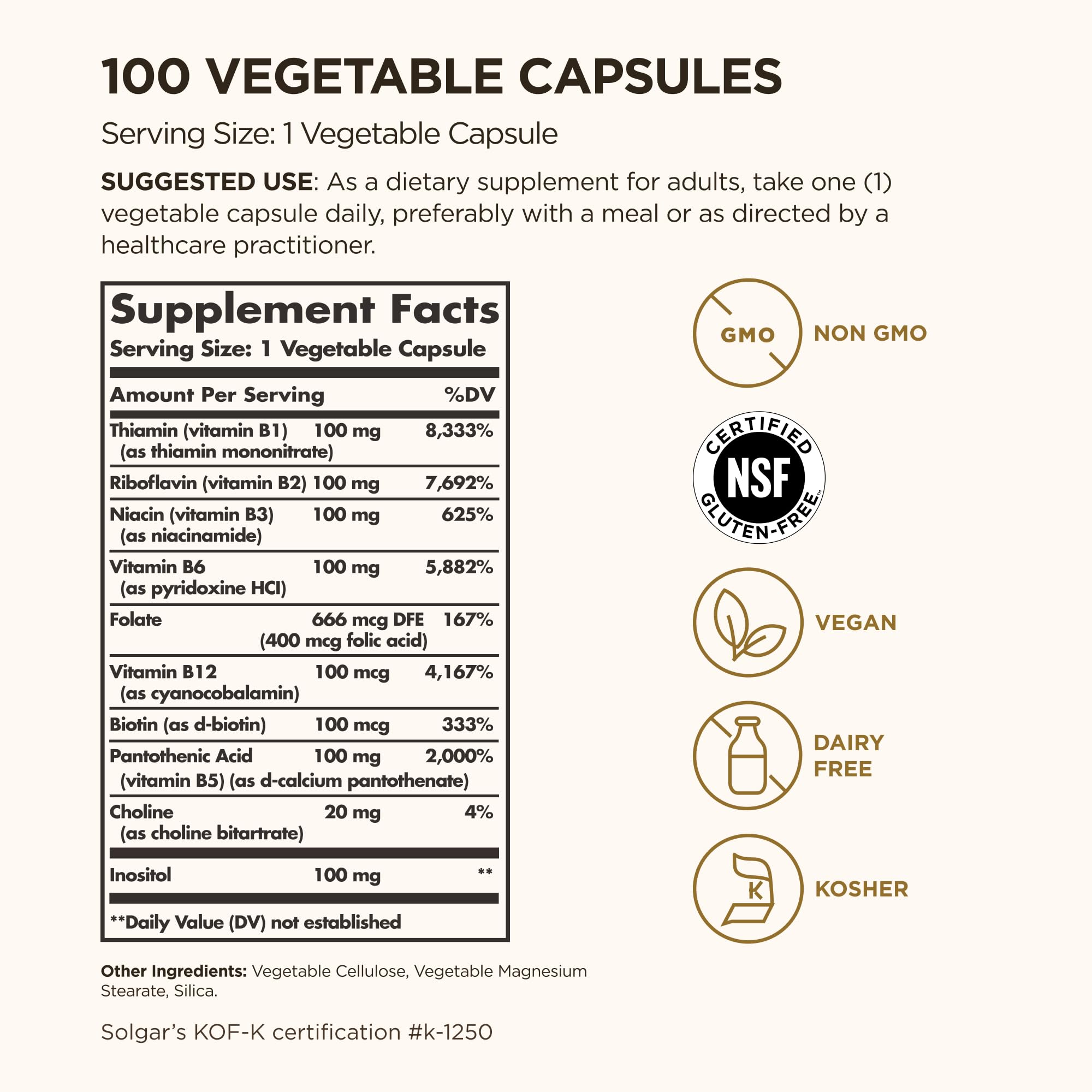 Solgar high potency Vitamin B Complex 100 supplement nutritional facts label.