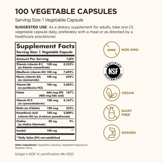 Solgar high potency Vitamin B Complex 100 supplement nutritional facts label.