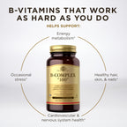 Solgar B Complex vegetarian capsules for daily energy metabolism.