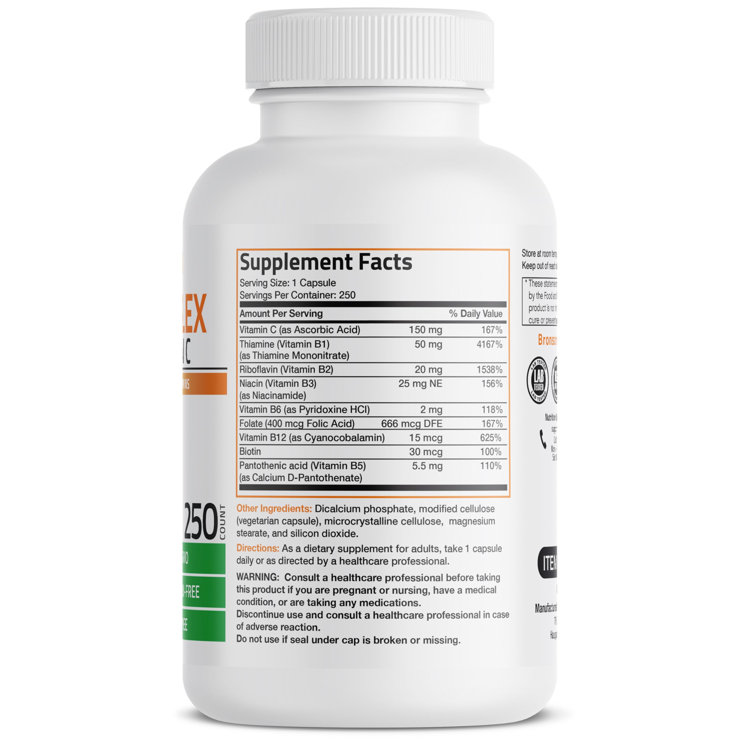 Bronson B-Complex supplement bottle showing full nutritional facts panel and dosage instructions