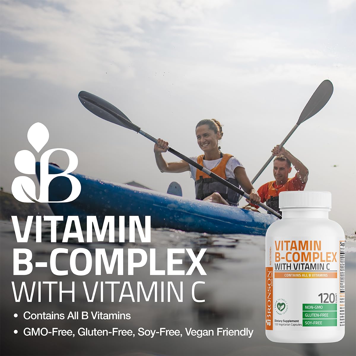 Close-up of the non-GMO and gluten-free seals on the Bronson Vitamin B Complex container