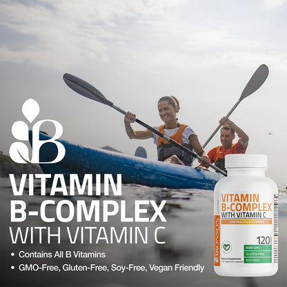 Close-up of the non-GMO and gluten-free seals on the Bronson Vitamin B Complex container