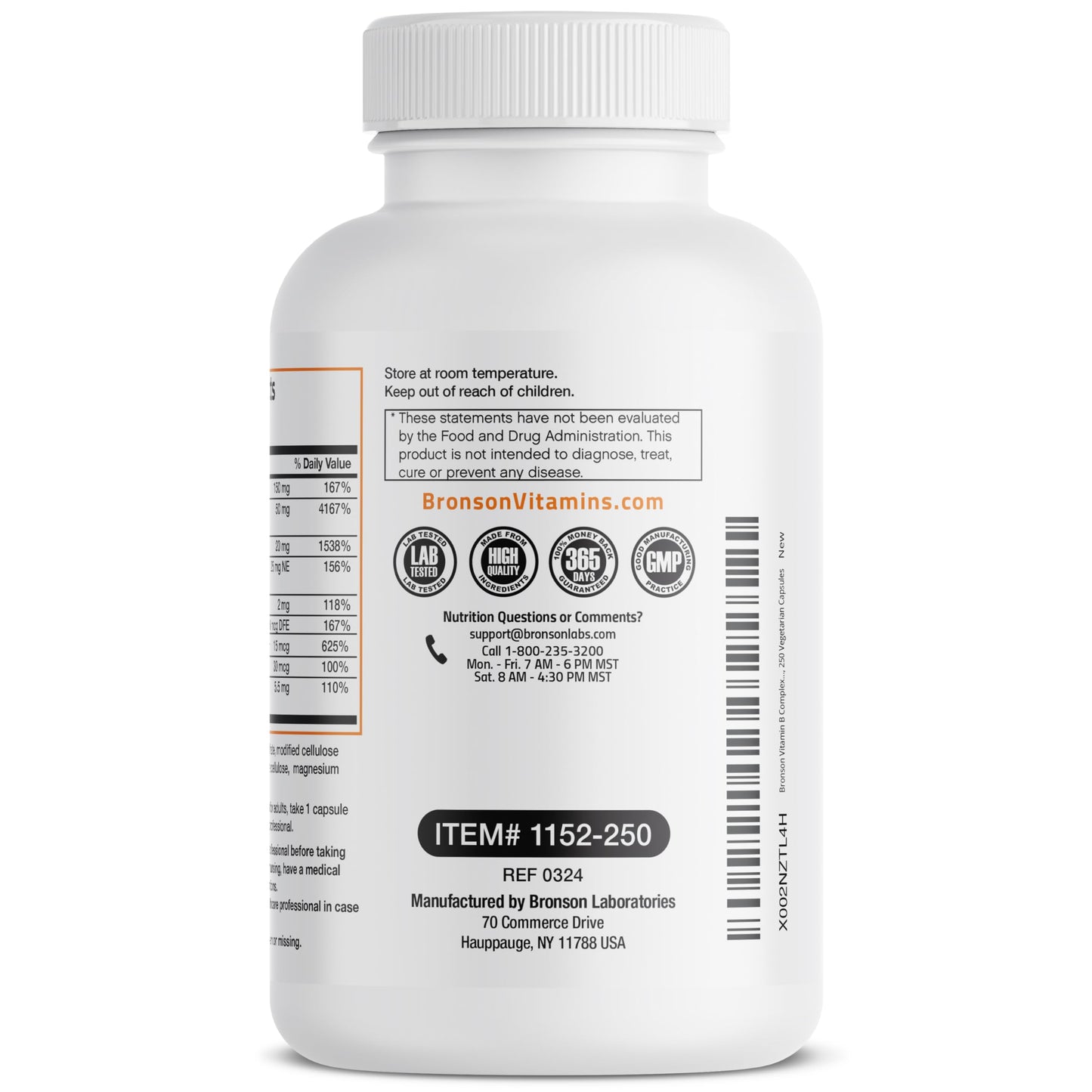 Bronson dietary supplement bottle displaying manufacturing compliance and clean ingredient guarantees