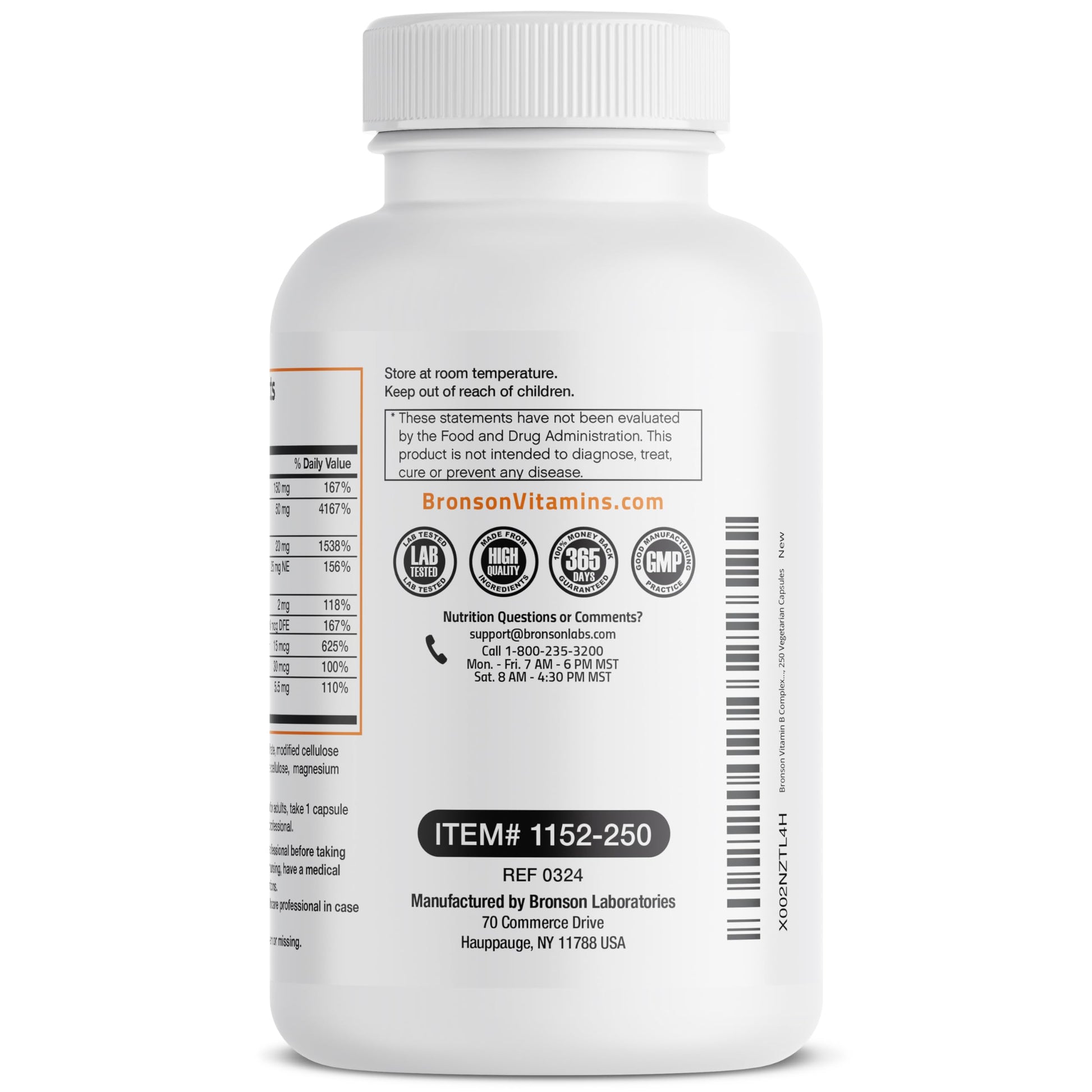 Bronson dietary supplement bottle displaying manufacturing compliance and clean ingredient guarantees
